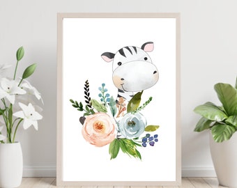 Zebra Floral wall art- digital prints-Nursery posters -