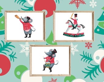 Nutcracker Soldier mouse Prints, Watercolor Christmas Home Decor, Holiday Decor, Nutcracker MouseSoldier, Set of 4