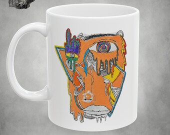 Colorful Boho Ceramic Mug, Cool Unique Gift, Trippy Eye Cup, Psychedelic Dishware, Abstract Face Print, Fantasy Cottagecore Decor, Witch Mug