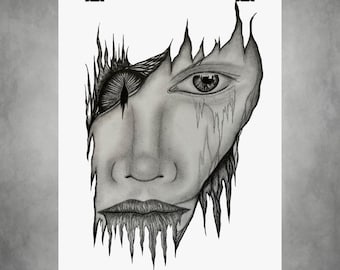 May include: A black and white pencil drawing of a face with a surreal, abstract design. The artwork features a detailed eye, nose, and lips, with a portion of the face appearing to melt or disintegrate. The drawing is mounted on white paper.