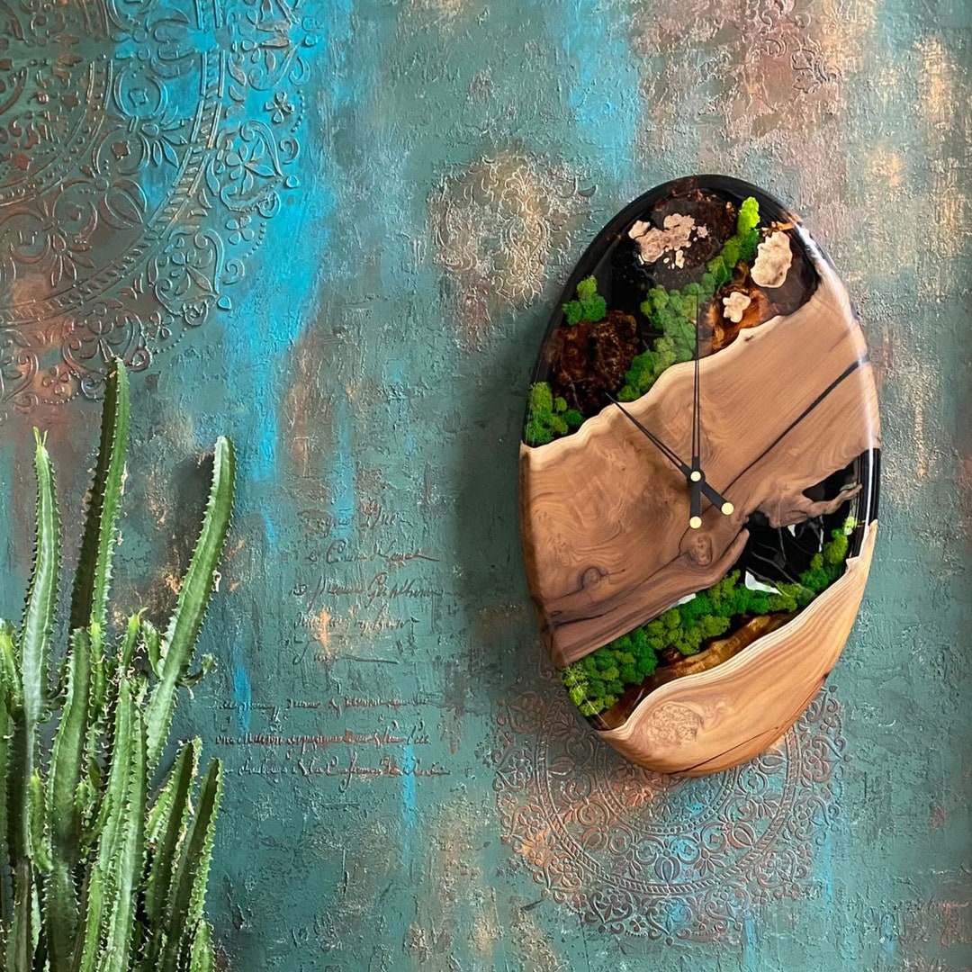 Olive Wood & Epoxy Wall Clock With Preserved Moss, Moss Wall Art, Epoxy ...