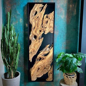 Décoration murale faite main en bois d'olivier avec cadre noir, art mural en bois sur mesure, art mural rustique en bois, ensemble de rivière en bois d'olivier
