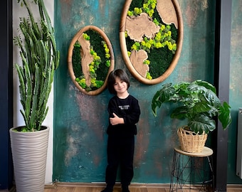 Handgefertigtes ovales Moos-Kunst-Set mit Walnussrahmen, natürliches Oliven- und Silberbeerholz-Wanddekor, das beste Geschenk für Zuhause, Olivenholz- und Mooswandkunst