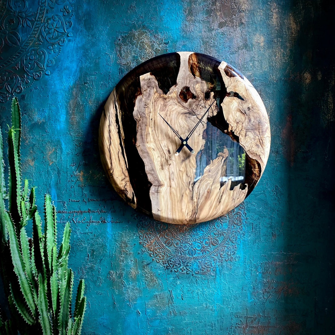Handmade Olive Wood & Epoxy Wall Clock: Silent Live Edge Clock - Etsy