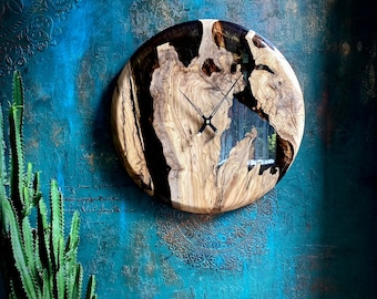Handmade Olive Wood & Epoxy Wall Clock: Silent Live Edge Clock