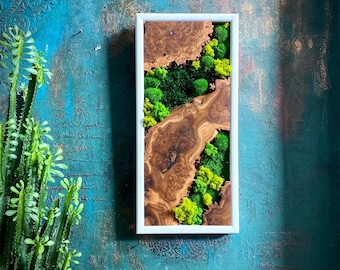 Einzigartige Design-Moos-Wandkunst, handgefertigte Olivenholz- und konservierte Moos-Wandkunst, kundenspezifische hölzerne Wandkunst, hölzerne rustikale Wandkunst