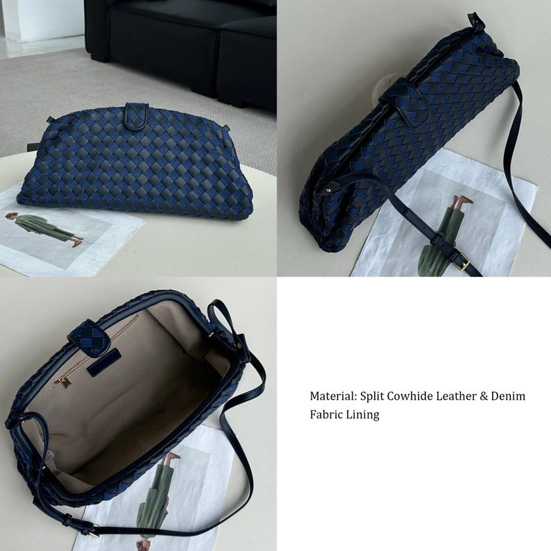 Op de afbeelding: Een marineblauwe geweven leren clutch tas met een bijpassende riem. De tas wordt in meerdere aanzichten getoond, open en dicht. Het materiaal is split rundleer en denim stoffen voering.