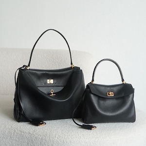 Black Top Handle Bag, Cow Split Leather Totes, Minimal Design Shoulder Bag