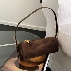 Small Suede Tote Bag,Genuine Leather Handbag,Minimal Design Suede Shoulder Bag