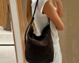 Wildleder Beuteltasche, Echtleder Tragetasche, Minimale Schultertasche