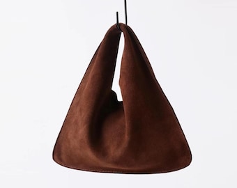Suede Small Tote Bag,Genuine Leather Shoulder Bag,Minimal Design Handbag