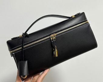 Elegante avondtasje, etui van rundsplitleder, tassen met handvat aan de bovenkant