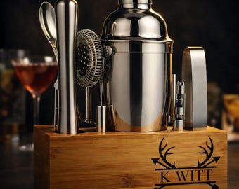 Personalized Cocktail Shaker Set with Stand - Engraved Bartender Kit - Custom Mixology Set - Home Bar Gift - Gift for Him