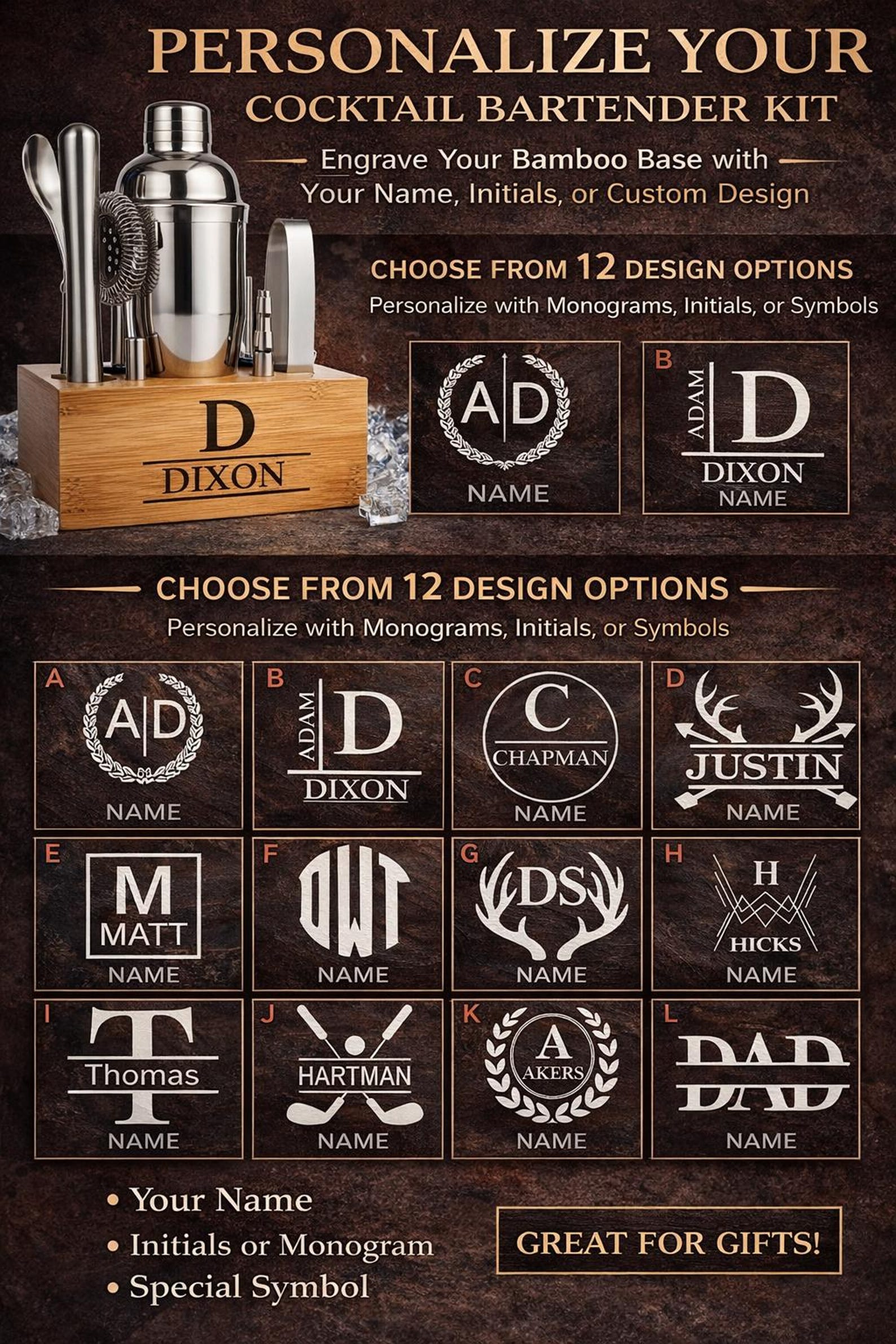 Personalized Cocktail Shaker Set with Stand – Engraved Bartender Kit – Custom Mixology Set – Home Bar Gift – Gift for Him – Wedding Gift - Front Engrave Only, D