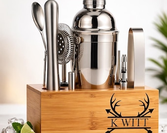 Personalized Cocktail Shaker Set with Stand – Custom Engraved Bartender Kit – Mixology Bar Tool Set  – Wedding Gift for Him – Home Bar Gift