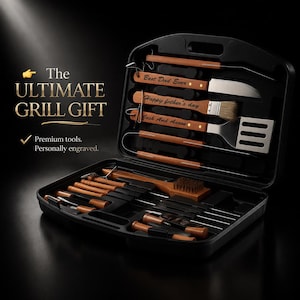 Personalized BBQ Grill Tool Set with Case – Engraved Wooden Handle Barbecue Kit – Gift for Dad, Groomsmen, Husband – 22pcs Grill Set