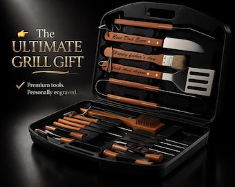 Personalized BBQ Grill Tool Set with Case – Engraved Wooden Handle Barbecue Kit – Gift for Dad, Groomsmen, Husband – 22pcs Grill Set