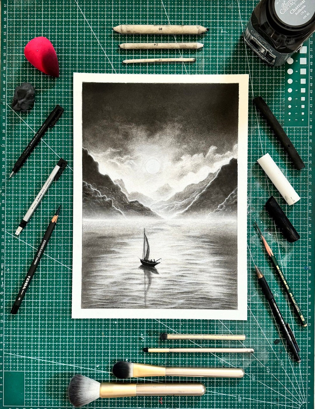 Sea/sunset/moon/sailboat/drawing/charcoal/twilight/sailing/sailor ...