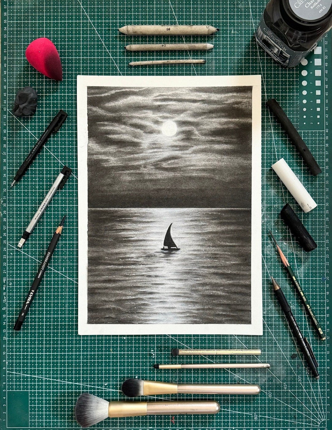 Sea, Sunset, Boat ,moon, Sailboat, Drawing, Charcoal, View, Gift ...