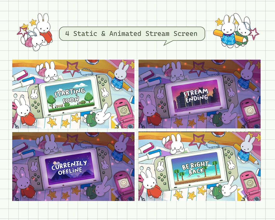 Funimate Overlay Kawaii Miffy Bunny Stream Overlay Package: Animated Twitch/vtuber ...