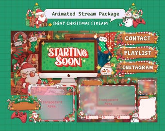 May include: A festive animated stream package with a Christmas theme. The design includes a computer monitor with "Starting Soon" text, decorative buttons, and holiday-themed graphics such as Santa Claus, snowmen, and gingerbread men. The package is set against a green grid background.