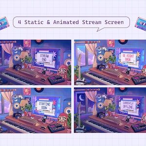 Puede incluir: Cuatro pantallas de transmisión animadas con un esquema de color morado y azul. Las pantallas muestran un monitor de computadora con un teclado y un micrófono en frente. Las pantallas muestran diferentes mensajes, que incluyen "Fin de la transmisión", "Vuelvo enseguida", "Comienza pronto" y "Actualmente fuera de línea".
