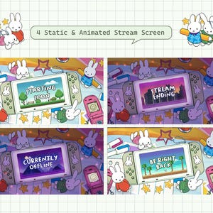 May include: Four digital stream screens with a bunny theme. Each screen shows a different message: "Starting Soon," "Stream Ending," "Currently Offline," and "Be Right Back." The screens are surrounded by bunny illustrations, stars, and a pink flip phone.