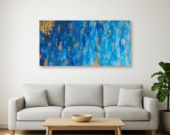 Sea of Stars - Modern abstract painting 140×70 cm | Turquoise, blue, gold | Deep canvas | Large wall art, landscape format | Original acrylic painting