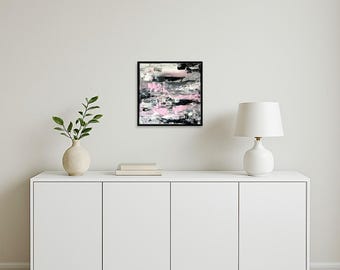 Spring Rose – Abstract Original Painting 27×27 cm | Pink, Black, White | With hand-painted shadow gap frame | Modern art for living spaces