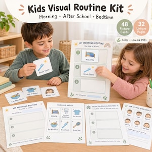 Op de afbeelding: Een visuele routinekit voor kinderen met 48 kaartjes en 32 unieke pagina's. De set bevat schema's voor de ochtend, na schooltijd en bedtijd met illustraties voor taken zoals tandenpoetsen, aankleden en ontbijten.