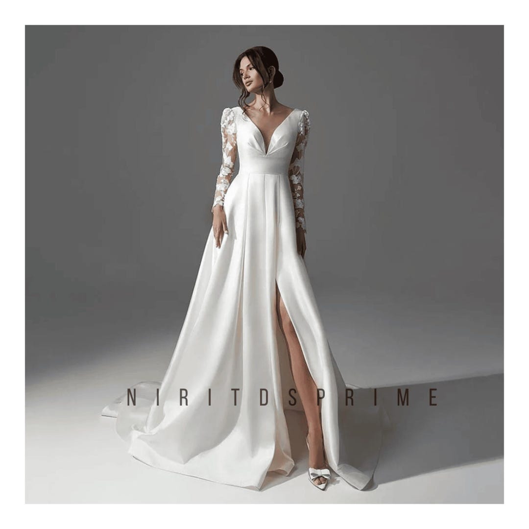 Elegant A Line Off The Shoulder Satin Slit Pleated Long Wedding Dresses C4427