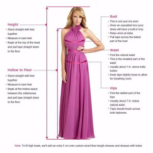 K&ouml;nnte beinhalten: Diagramm, das zeigt, wie man Brustumfang, Taille, H&uuml;fte, K&ouml;rpergr&ouml;&szlig;e und Hohlma&szlig; bis zum Boden f&uuml;r ein Kleid misst. Das Diagramm zeigt eine Frau in einem magentafarbenen Kleid.