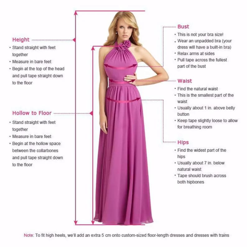 K&ouml;nnte beinhalten: Diagramm, das zeigt, wie man Brustumfang, Taille, H&uuml;fte, K&ouml;rpergr&ouml;&szlig;e und Hohlma&szlig; bis zum Boden f&uuml;r ein Kleid misst. Das Diagramm zeigt eine Frau in einem magentafarbenen Kleid.