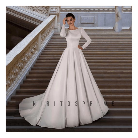 Elegant A-line Satin Wedding Gown Long Sleeve Bridal Dress With Buttons -  Etsy Israel