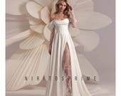 Elegant Strapless Corset A-Line Wedding Dress, Three Quarter Lace Sleeve