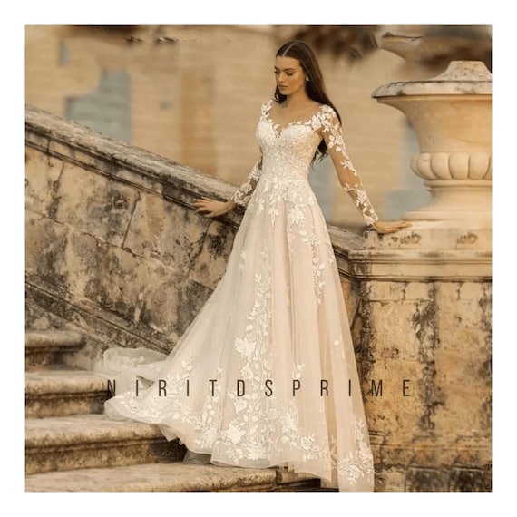Luxury Lace Applique Wedding Dress Customized Corset, Illusion Long Sleeves