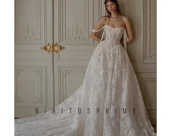 Romantische Royal Braut Kleider Frauen Schulterfrei Elegante Spitze A-Line Brautkleid
