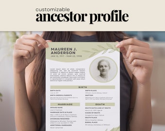 Ancestor Profile Template for Genealogy Research Printable Customizable ...