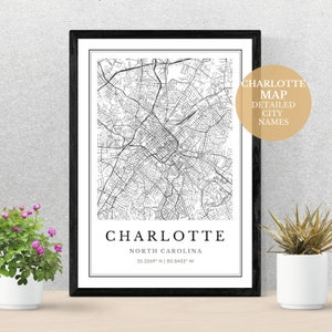 Carte de la ville de Charlotte, téléchargement numérique JPG à offrir à votre famille et à vos amis, impression de carte pour votre maison ou tout autre espace de bureau.