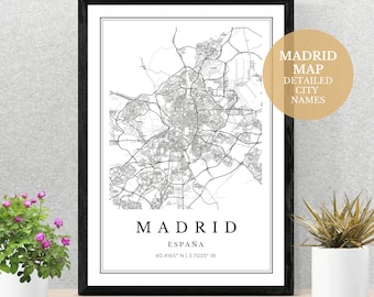 Madrid City map, digital JPG download for gift to your family and friends, map printing for your home or any office space.
