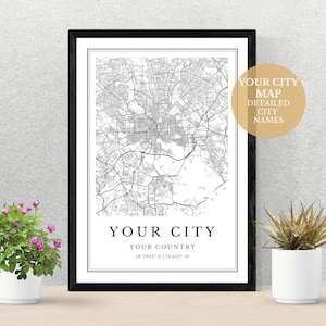 Mapa da cidade personalizado, impressão personalizada do mapa da cidade, presente para um amigo ou membro da família em casa, mapa para impressão, download de mapa, download digital.