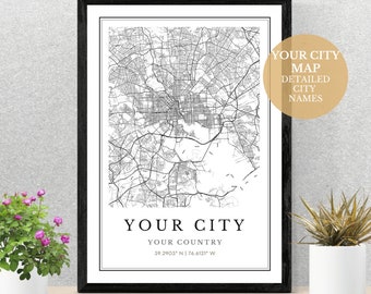 Custom City Map, personalized city map printing, gift for a friend or family member for home, printable map, map download, Digital Download.