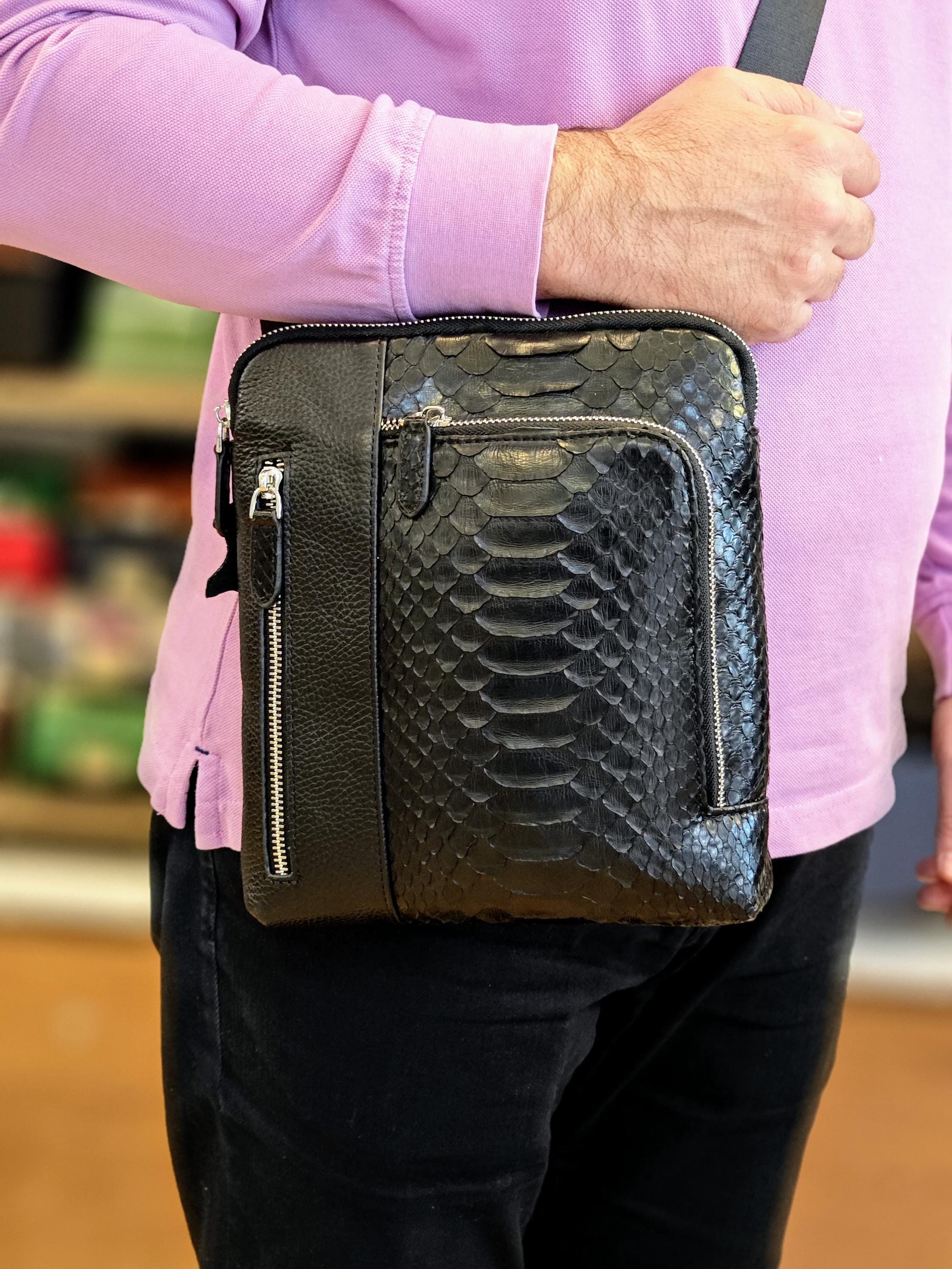 Handmade Python Leather Bag For Men - Stylish Python Pattern Design, Genuine Python Leather Bag, Best gift, gift for Man Valentine's day