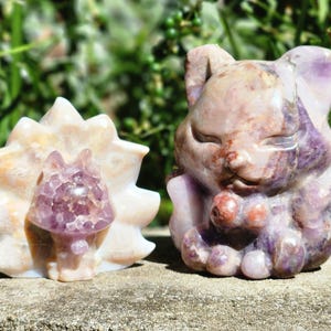 Dream Amethyst x Mexican Lace Agate Nine Tail Fox Carvings / Crazy Lace Nine Tails Statue / Desk Decor