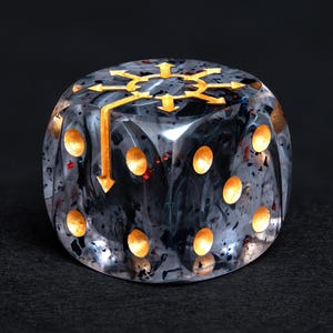 Chaos Wargaming Dice Set – D6 Dice (16mm) with Gold Sigil | Dark Dice for Tabletop, Skirmishes RPG | Swirling Black Resin, Ancient Symbol