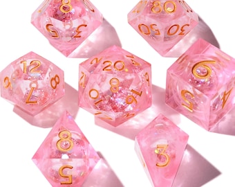 Liquid Core DnD Dice Set, Handmade Dice, Dungeons & Dragons Dice - Sakura Dream, Royal Sapphire, Lavender Crystal