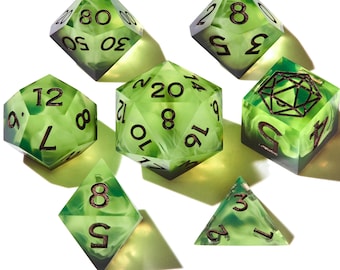 Misty Green Dice Set for DND | Handmade Sharp Edge Resin Dice Dungeons & Dragons | Acid Bloom, Moonshae Isles, Forest Spirit
