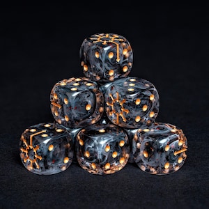Chaos Wargaming Dice Set – D6 Dice (16mm) with Gold Sigil | Dark Dice for Tabletop, Skirmishes RPG | Swirling Black Resin, Ancient Symbol image 2