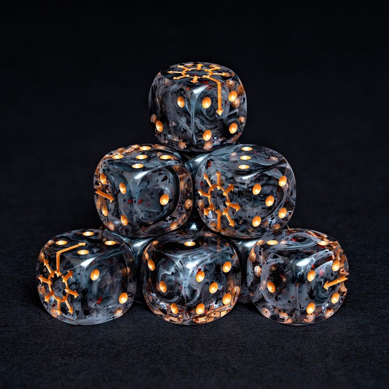 Chaos Wargaming Dice Set – D6 Dice (16mm) with Gold Sigil | Dark Dice for Tabletop, Skirmishes RPG | Swirling Black Resin, Ancient Symbol image 2