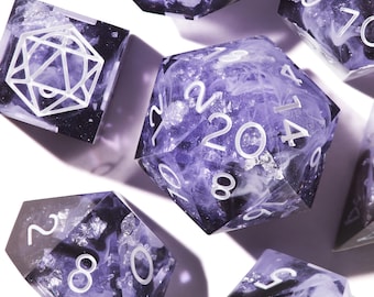 Mystic Dice Set for DND | Handmade Epoxy Resin Sharp Edge RPG Dice | Amethyst Veil, Poisoned Blood, Twilight Mist